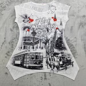 Maxi&Co New Orleans Top Womens XL White Crew Neck SharkBite Hem Sequins Tee Jazz